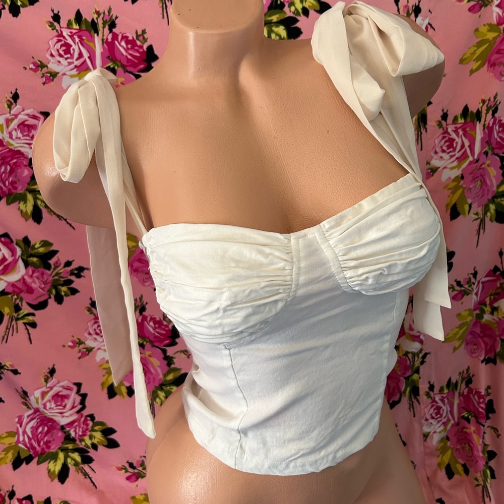 Cream bow bodice corset top sweetheart shirt tank crop stretchy gathered sexy S